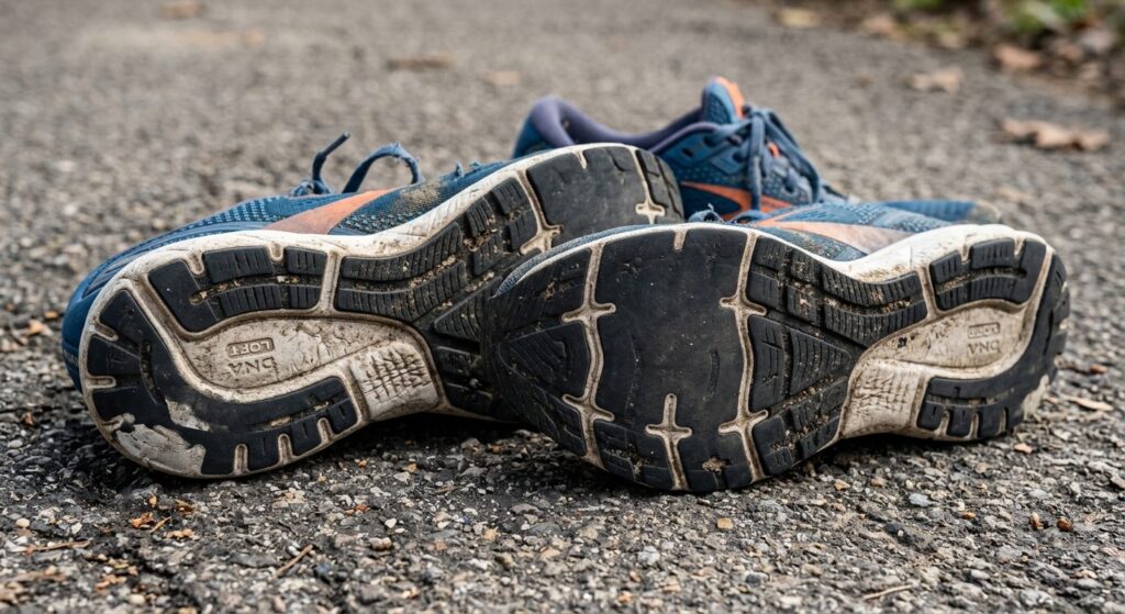 Slidt træningssko med synlig slidning på sålen og aflang midsole