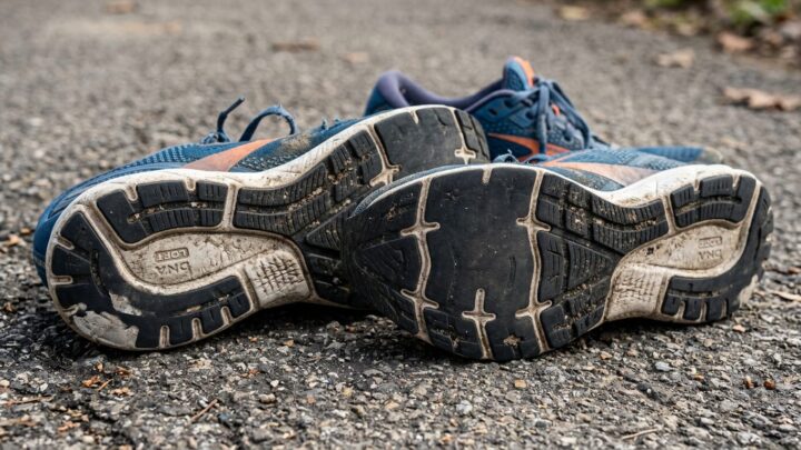 Slidt træningssko med synlig slidning på sålen og aflang midsole