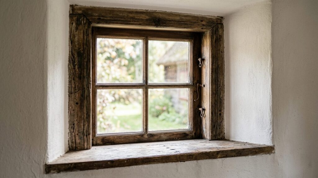 Close-up photorealistic shot of authentic wooden farmhouse w