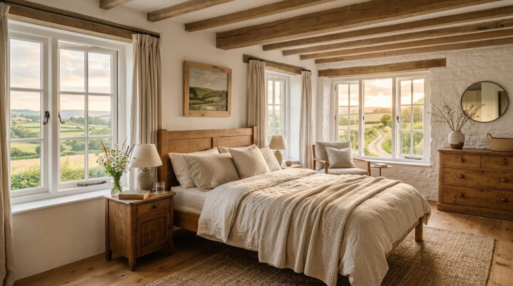 Bright, airy farmhouse bedroom photographed during golden ho