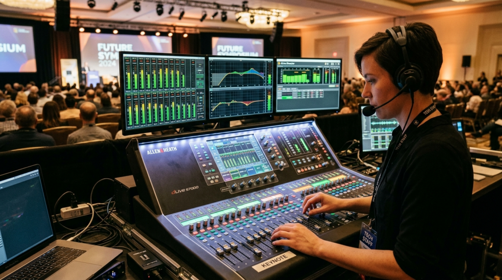 Close-up of professional audio engineer adjusting mixing con