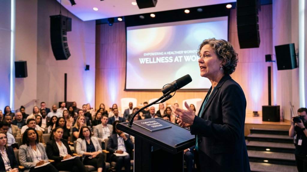 Business leader speaking passionately at podium with profess