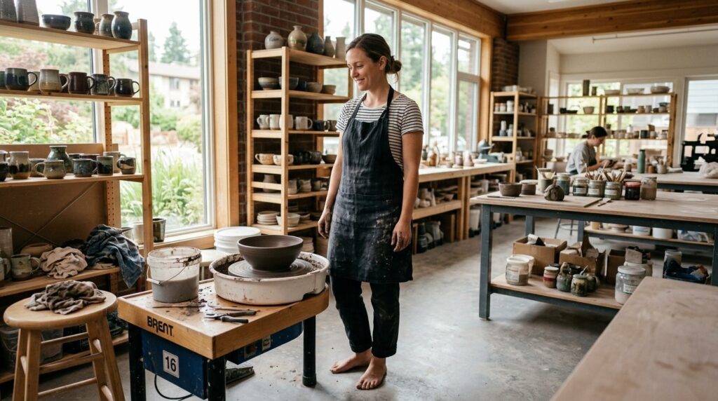 Wide-angle view of a modern ceramic studio workspace showing