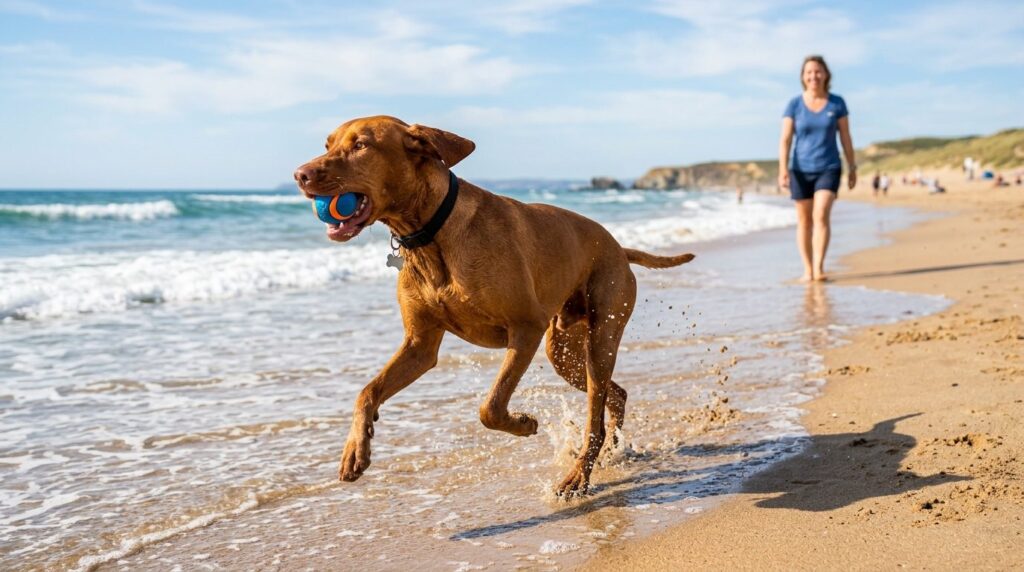 Active lifestyle scene of a healthy athletic dog playing fet