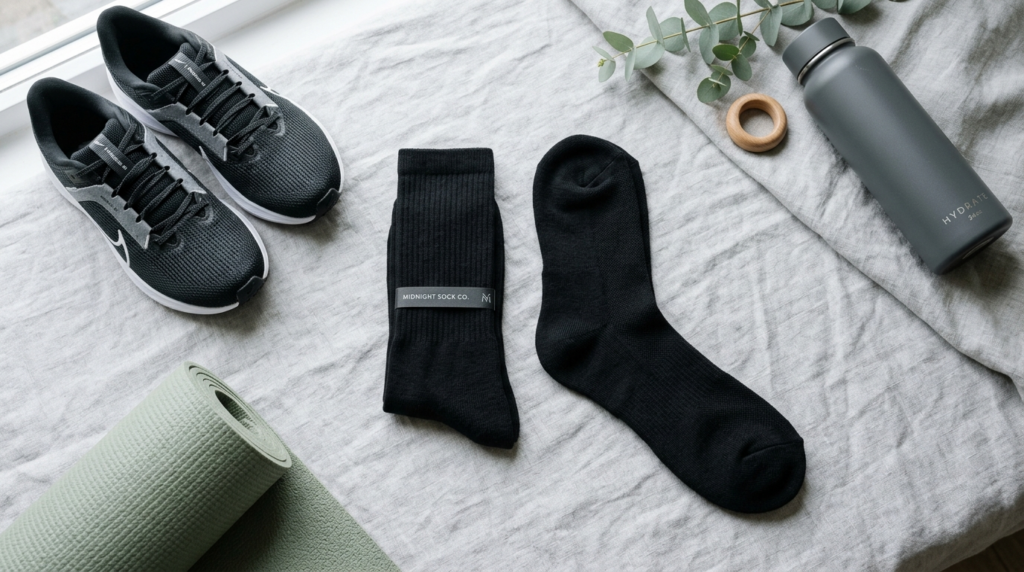 Flat lay product photography of premium black socks displaye