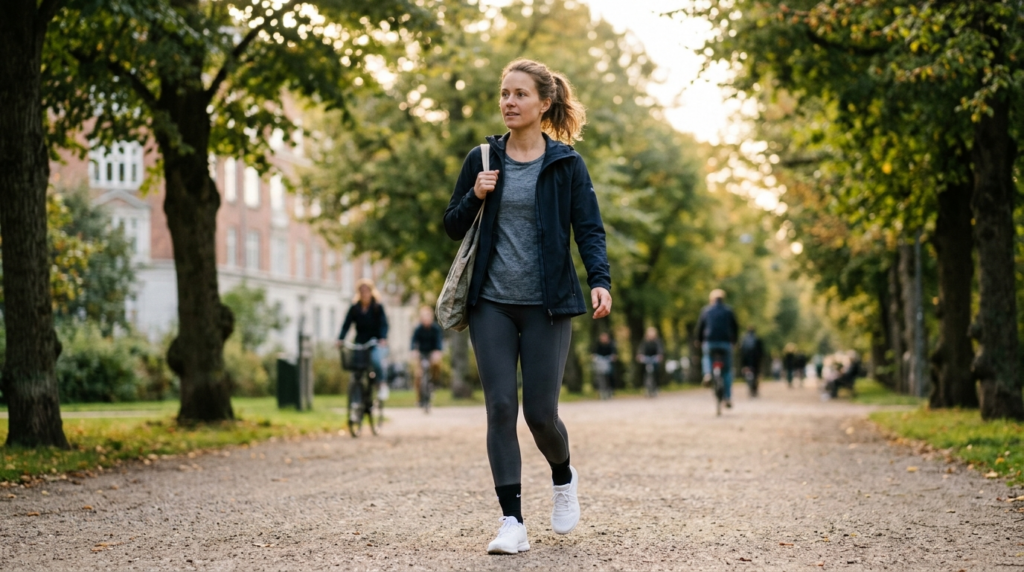 Active Danish woman in casual activewear walking through Cop