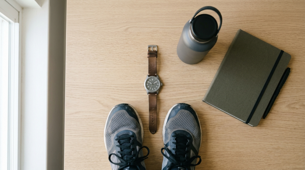 Stock photo, 16:9 aspect ratio. Overhead flat-lay compositio
