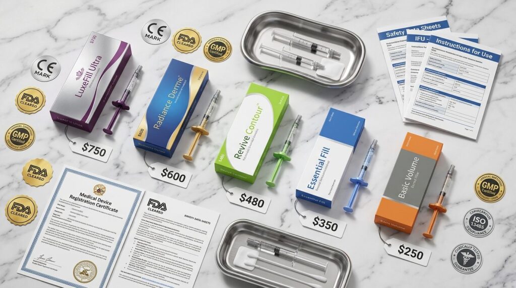 Flat lay photography of various dermal filler product vials 