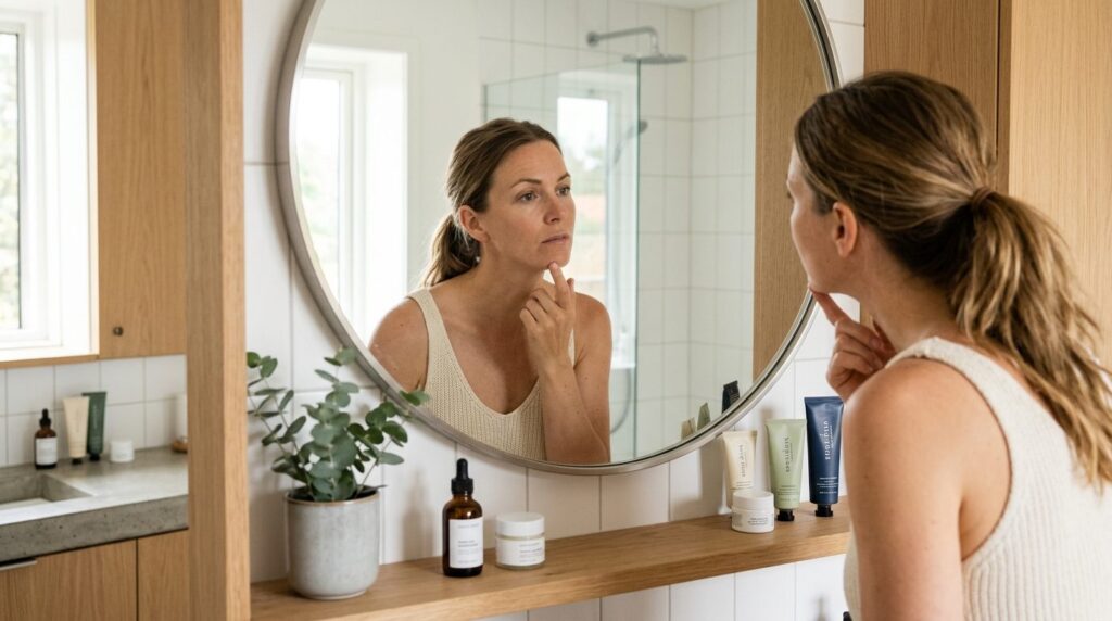 Active healthy woman in her 30s examining her face in a mode
