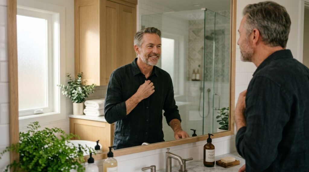 Confident mature man looking in bathroom mirror with positiv