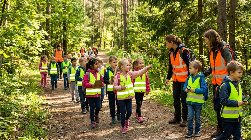 Outdoor activity scene, 16:9 aspect ratio, kindergarten and 