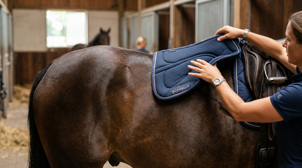 Close-up product and lifestyle hybrid image of a horses bac
