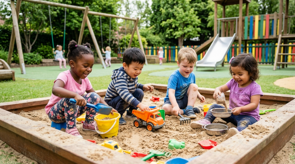 Photorealistic stock image, 16:9 format, young children play