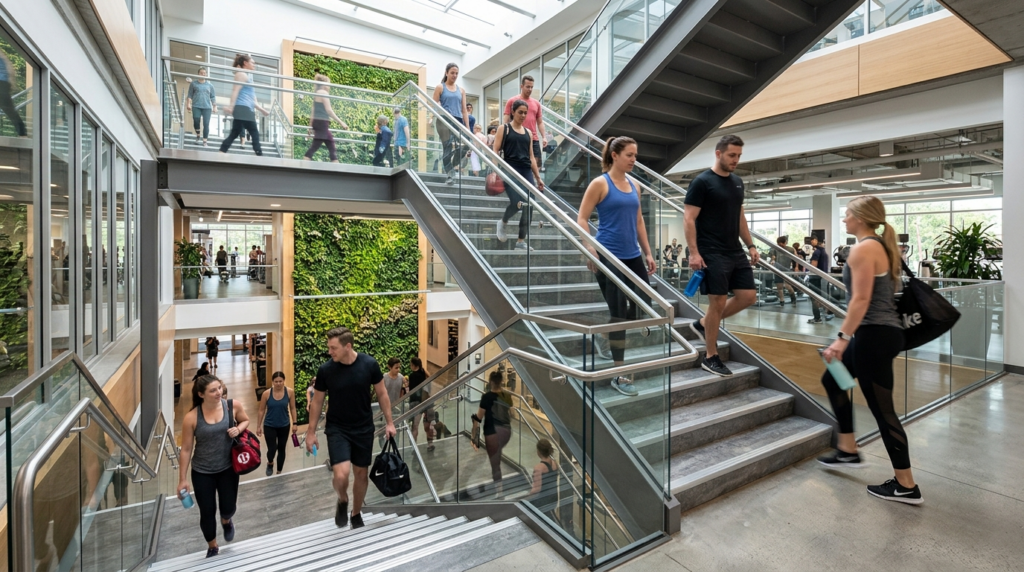 Wide-angle photorealistic photograph of a wellness facility
