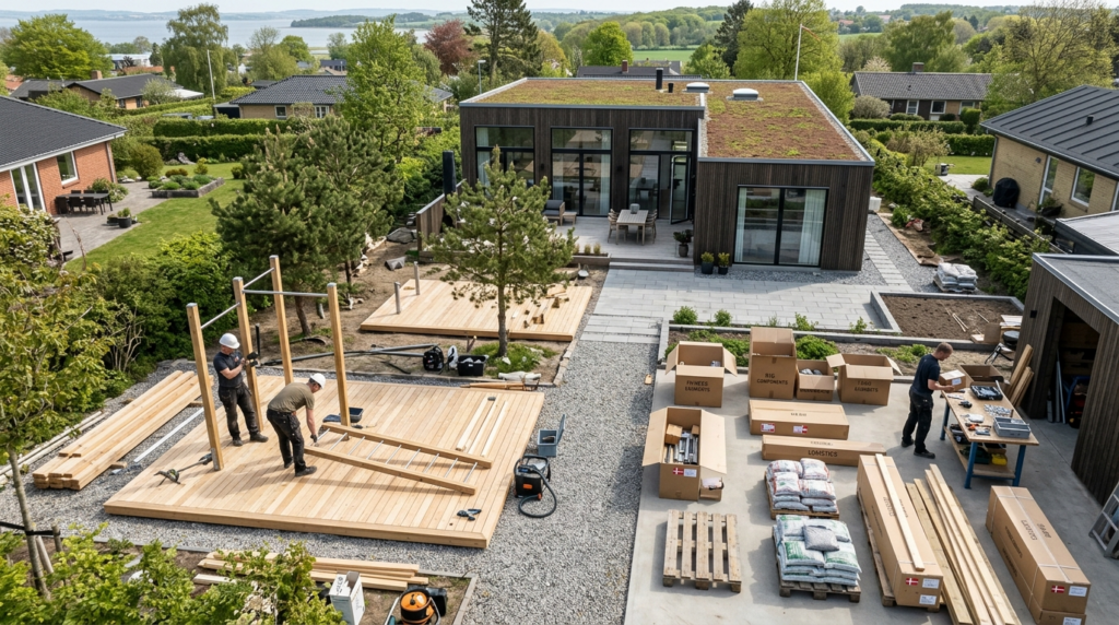 Aerial view of a residential backyard outdoor wellness proje